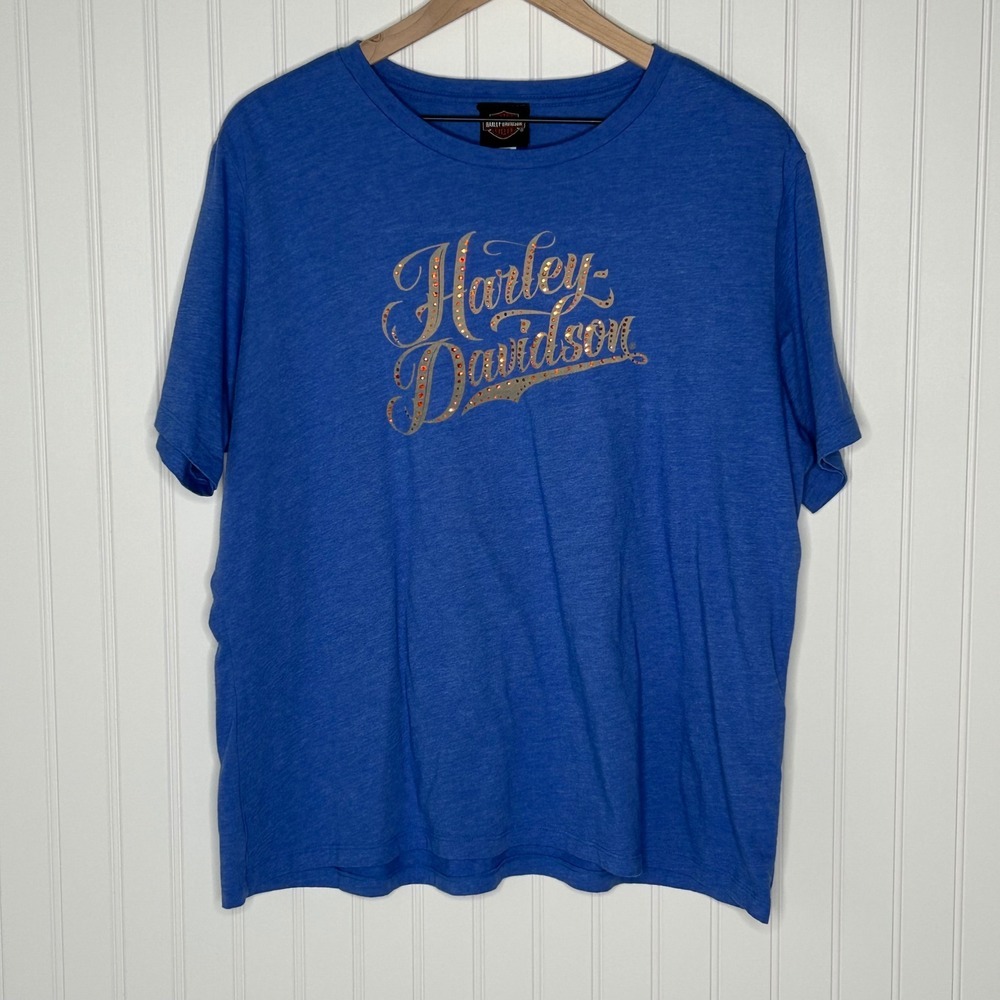 Harley Davidson Four Corners Graphic Rhinestone Blue Womens T-Shirt 2XL